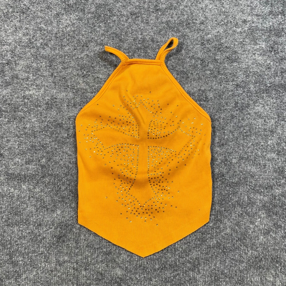 PrettyLittleThing Mustard Yellow Rhinestone Butterfly Halter Top O-Ring Back 4